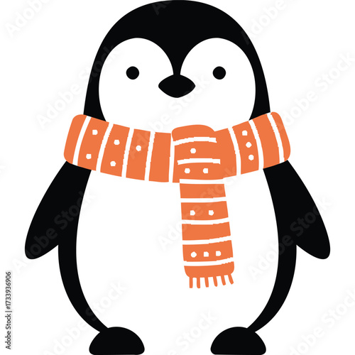 A cute cartoon penguin wearing a bright orange scarf with white polka dots standing on a white background silhouette