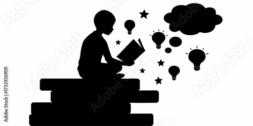 Child's silhouette absorbed in reading a book, surrounded by bright ideas and stars, symbolizing imagination and learning.