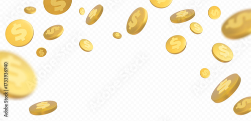 Falling golden coins with dollar sign, frame, place for text, transparent white background.