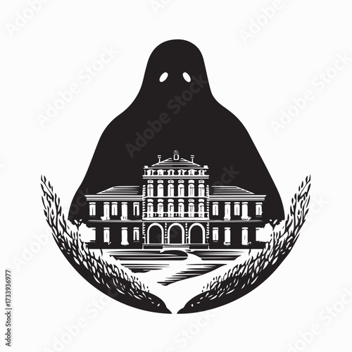 Haunted Mansion with Ghostly Silhouette Vector on white background