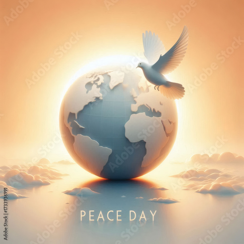 A Peaceful Image Featuring A White Dove Flying Above A Globe Set Against A Bright Warm Toned Sky With The Text Peace Day Below