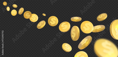 Dollar coins pile falling, vector money cash fly, golden coin usd American currency, financial investment, payment, bank