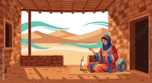 Arabian artisan weaving carpet in a traditional house overlooking a vast desert landscape