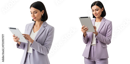 Group of diverse business women wearing light purple clothes using tablet isolated on transparent white background