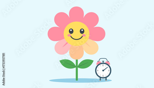 Cute flower cartoon with clock beside
