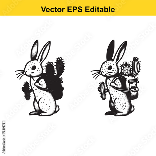 Two cartoon rabbits carrying backpacks with cacti, isolated on white background