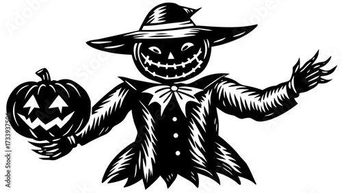 Silhouette of a scarecrow wearing a hat and holding a jack o lantern with a spooky face design created with generated ai