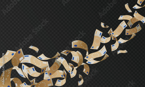 Euro banknote falling, vector throw paper bills pile, realistic cartoon money cash, currency flight on wind blow