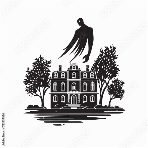 Spooky Ghost Figure Against Mansion Silhouette on white background