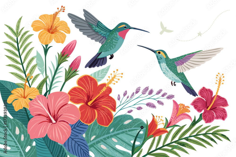 Obraz premium Depicting Hummingbirds Around Tropical Flowers Bold Beautiful Premium Digital Asset