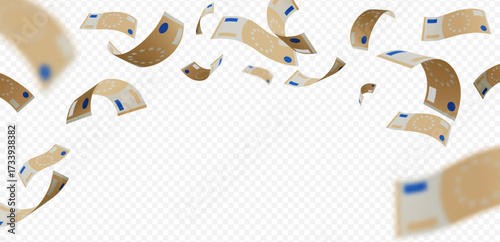 Euro banknote fall from above, vector throw paper bills explosion, realistic money cash, currency flight on wind blow