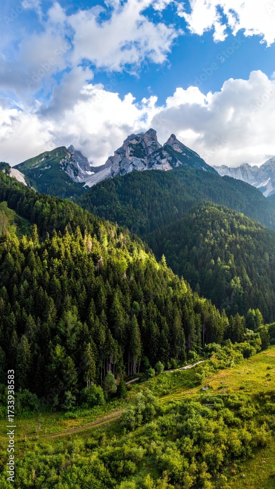 Fototapeta premium Lush Green Mountain Landscape Under Bright Sunlight and Cloudy Blue Sky with Rocky Peaks