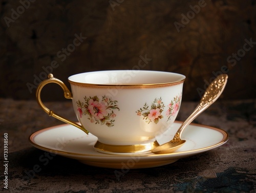Elegant tea cup set on a decorative saucer with a golden spoon, perfect for a cozy afternoon tea experience