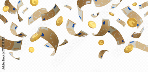 Euro banknote and golden coins falling down vector background, paper bills fly, money cash, European currency explosion