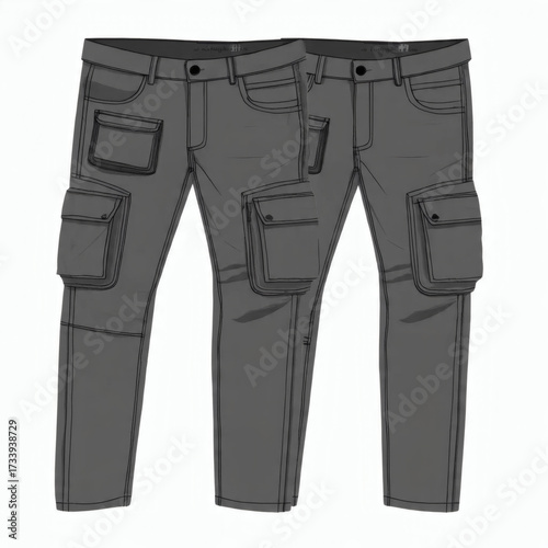 Flat Technical Drawing Of A Pair Of Men's Dark Cargo Pants Shown From The Front