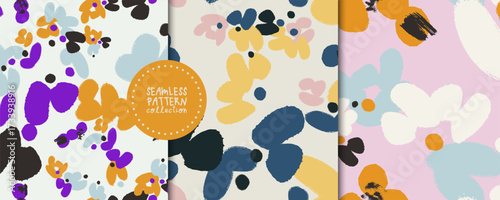 Set of seamless patterns with abstract flowers in vector. Backgrounds, prints, design elements