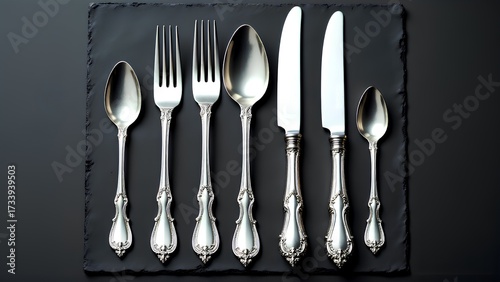 A complete set of elegant vintage silverware, including forks, spoons, and knives, is beautifully arranged on a dark slate plate. Top-down view.