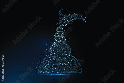 A futuristic representation of a castle or temple, built from a network of glowing blue lines and dots.