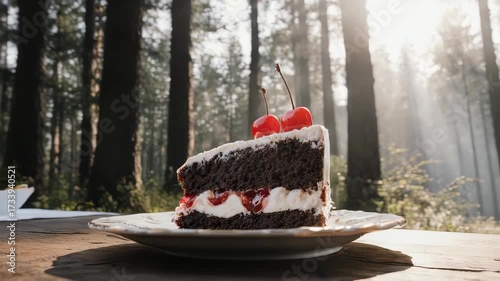 Decadent Black Forest Cake in a Rustic German Forest Setting