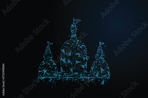 A futuristic representation of a castle or temple, built from a network of glowing blue lines and dots.