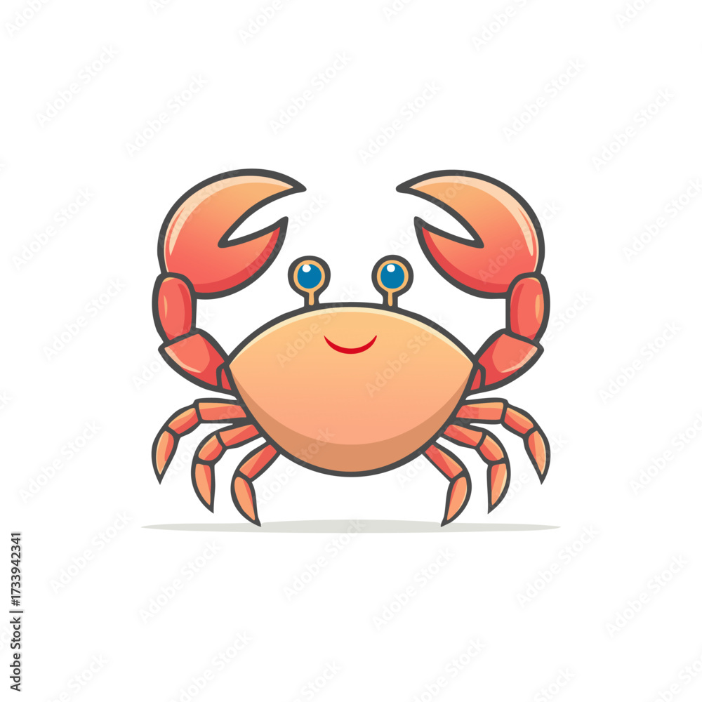 Fototapeta premium A cartoon illustration of a smiling crab with large claws raised, isolated on a white background.