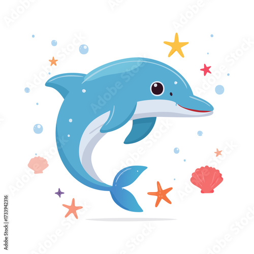 A cartoon illustration of a blue dolphin jumping with starfish, bubbles, and seashells around it on a white background.