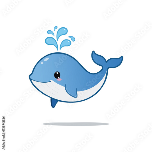 Cute cartoon blue whale spouting water from its blowhole, isolated on white background.