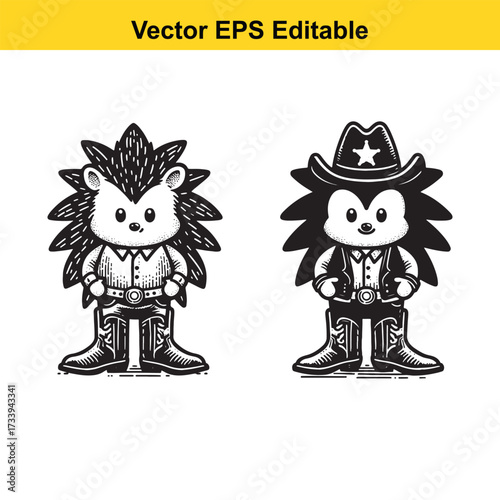 Cute hedgehog cowboy and regular hedgehog isolated on white background