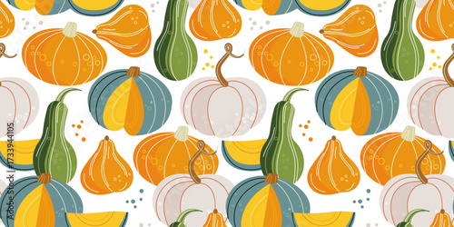 seamless pattern of different types of pumpkins on a white background. autumn vegetables drawn in a flat style with linear elements. stock vector illustration. EPS 10.