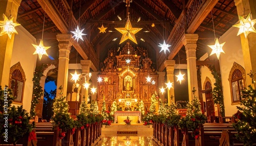 Indian Christian Church in Goa Decorated with Stars and Lanterns for Christmas Eve