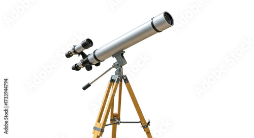 Silver telescope on wooden tripod isolated on transparent background, astronomical instrument for stargazing and space exploration