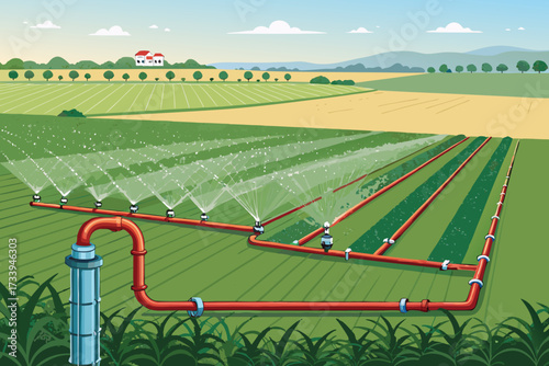 Depicting Irrigation System Watering Fields Bold Beautiful Professional Photo