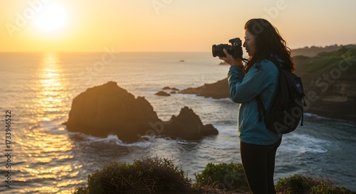 Photographer captures sunset over ocean landscape creative photography concept