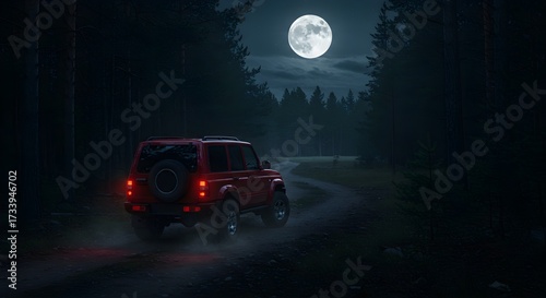 Red suv driving through a dark forest at night under a full moon