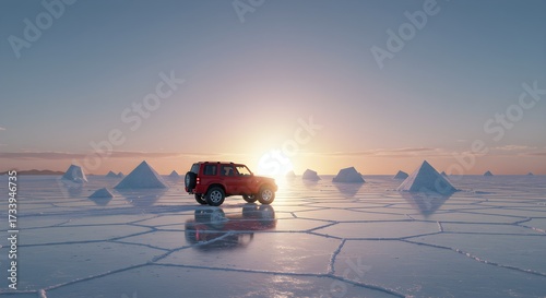 Red suv on salt flat at sunset adventure and exploration concept