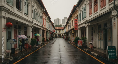 Row of colorful historic buildings along wet street during overcast day
