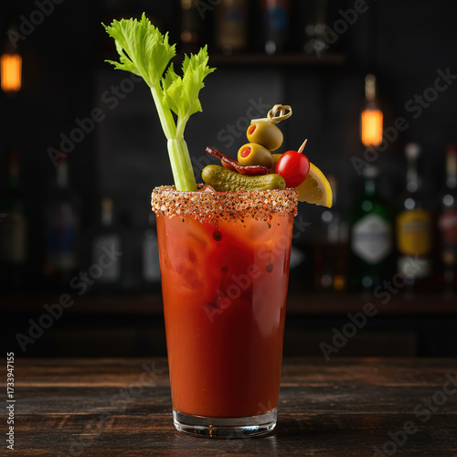 Spicy Bloody Mary cocktail, garnished with celery, olives, pickle, and lemon, served in a tall glass against a blurred bar background
