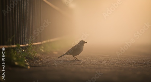Silhouette of a bird standing on a path with a blurred atmospheric background