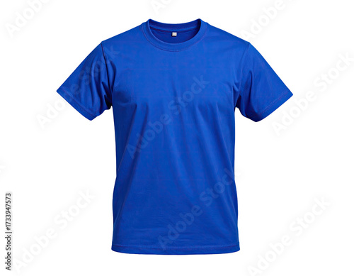 A vibrant, royal blue crew neck t-shirt, isolated on a black background