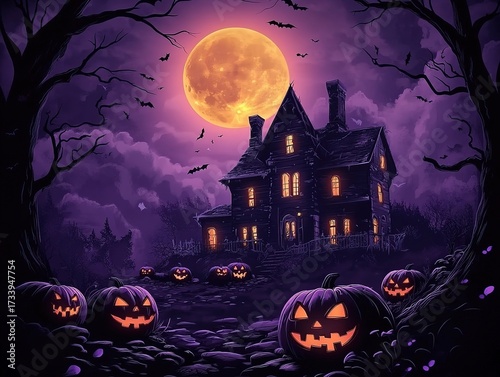 Halloween haunted house scene vector illustration with pumpkins, full moon, and purple hues, creating a mystical cartoon atmosphere for holiday backgrounds, digital design, and social media.
