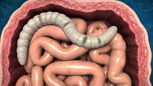 tapeworm inside human intestine, segmented body stretching along mucosal lining