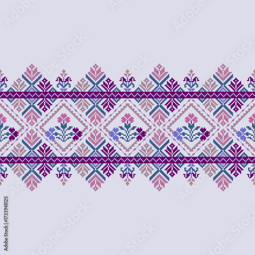 Seamless pixel art textile design in purple tones with Thai-inspired folk motifs, perfect for fabric, crafts, and digital backgrounds.