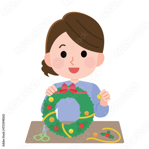 クリスマスリースを手作りする女性　イラスト