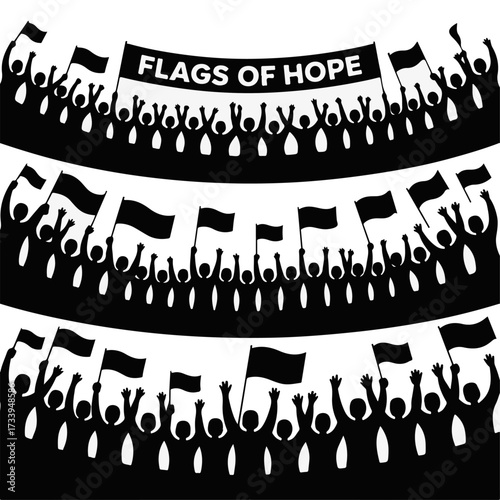 A powerful vector illustration capturing the vibrant energy of a diverse crowd raising flags and hands in unison, symbolizing collective hope, solidarity, and the spirit of a movement
