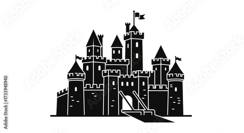 Monochrome depiction of a majestic castle with multiple towers and fortified walls