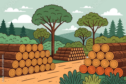 Depicting Lumberyard With Stacked Logs Bold Forest Vibrant Creative Visual