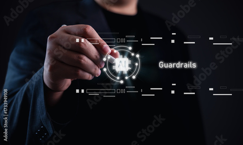 AI guardrails concept. Businessman holding glowing AI chip icon with digital circuit graphics, symbolizing artificial intelligence safety, control, and responsible development in technology.