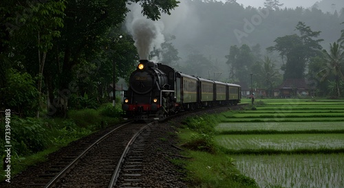 Vintage steam train travels along tracks through a lush countryside scenery