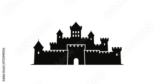 Dark medieval castle silhouette against a clean white backdrop provides a stark and imposing visual
