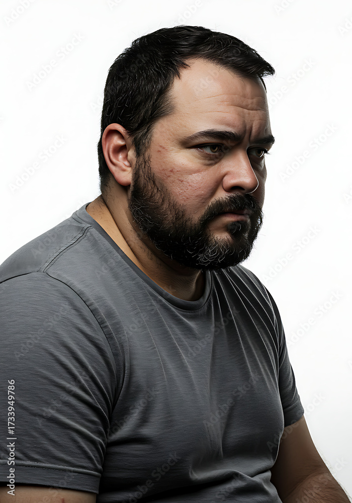 Obraz premium Overweight man with facial hair and acne scars, thoughtful pose, white background